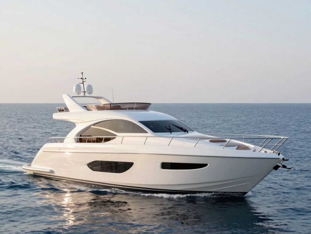 White motor yacht cruising on open water